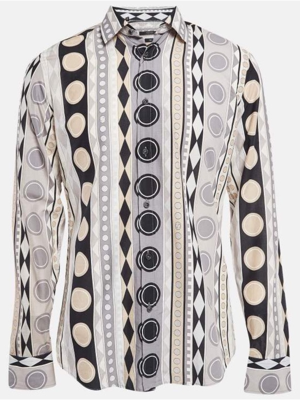 GUCCI Striped Geometric Print Button-Up Shirt in Black, Gray & Cream